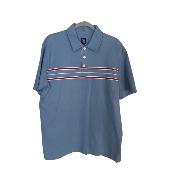 GAP men’s golf shirt short sleeve blue with white/red stripe across chest large - Picture 1 of 5